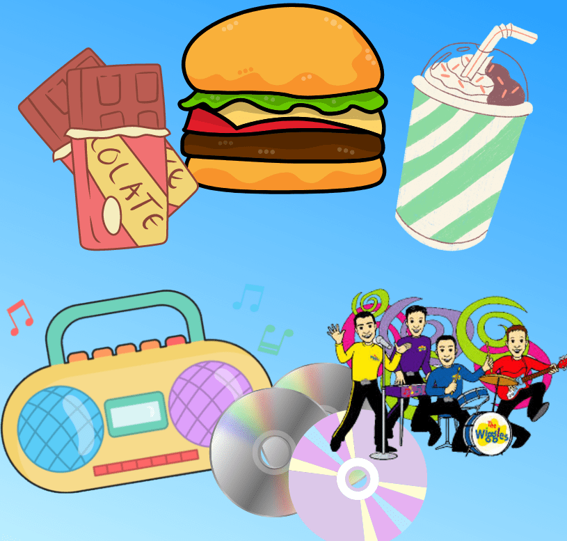 Processed Food - Processed Music cartoon chocolate bar, hamburger, milkshake depicts processed food. cartoon stereo, CDs and the Wiggles depicts processed music