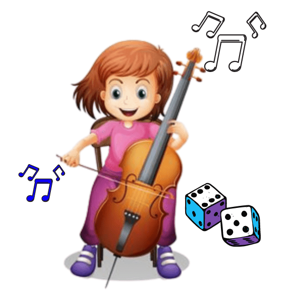 BLOG - Girl playing Cello with 2 Dice cartoon chocolate bar, hamburger, milkshake depicts processed food. cartoon stereo, CDs and the Wiggles depicts processed music