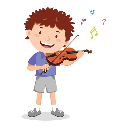 Vector illustration of a little boy playing violin. cartoon chocolate bar, hamburger, milkshake depicts processed food. cartoon stereo, CDs and the Wiggles depicts processed music