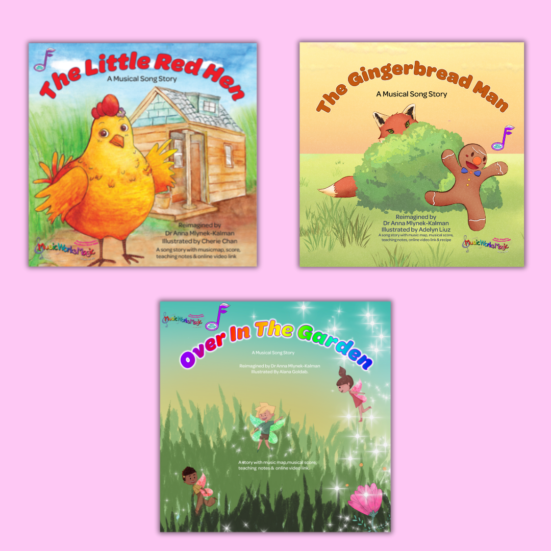 3 books image of covers for 3 song books being The Little Red Hen Over in the Garden The Gingerbread Man